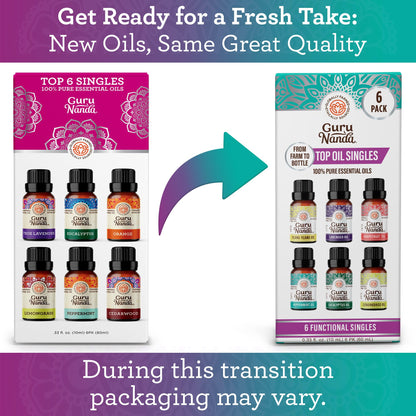 GuruNanda Essential Oils Set for Diffusers – 6 x 0.33 Fl Oz, 100% Pure & Natural (Lavender, Peppermint, Eucalyptus, Grapefruit, Lemongrass, Ylang Ylang) Pack of 6