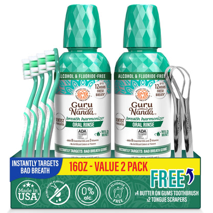 GuruNanda Fresh Breath Mouthwash - ADA-Approved, Alcohol & Fluoride-Free, Wild Mint 32 oz (2-Pack)