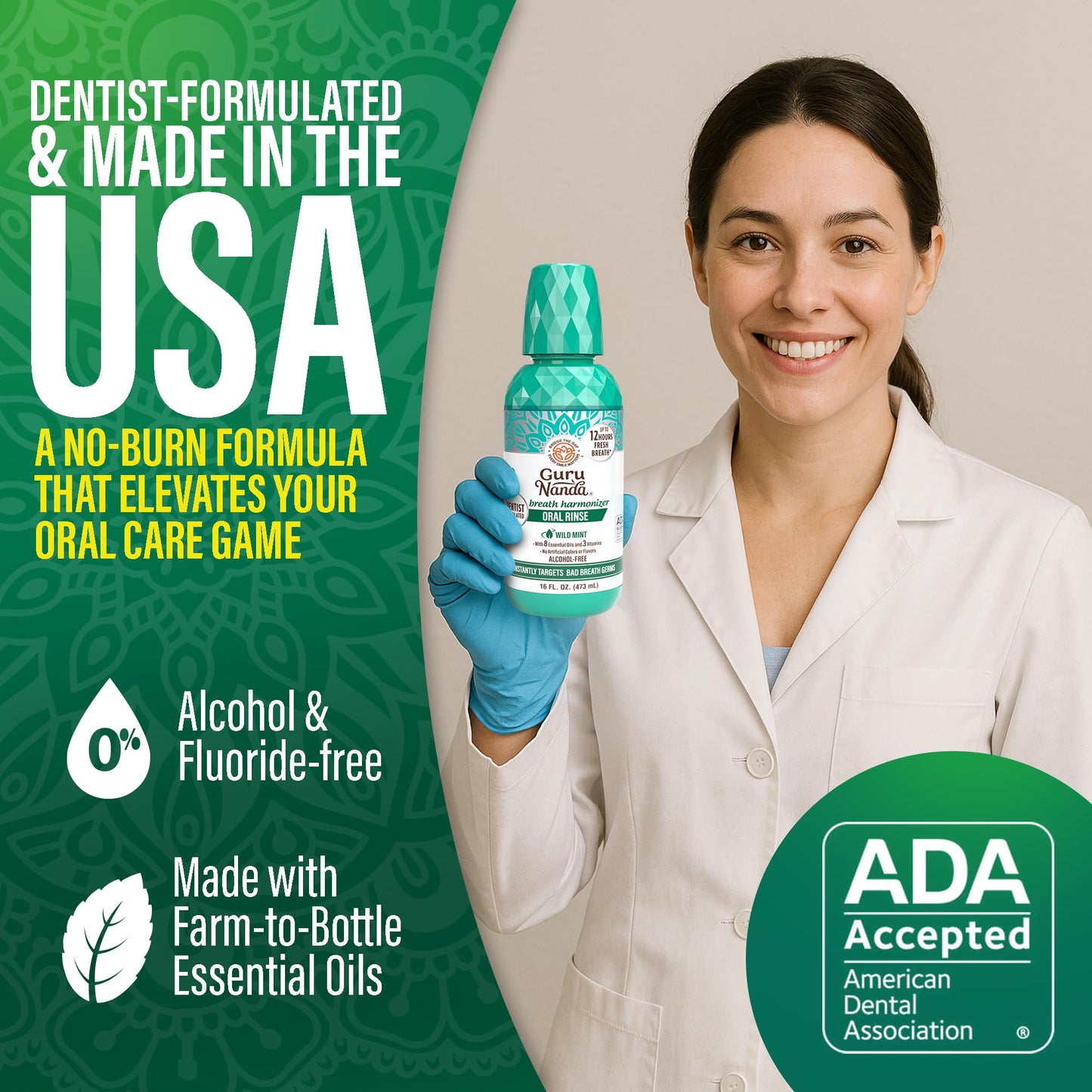 GuruNanda Fresh Breath Mouthwash - ADA-Approved, Alcohol & Fluoride-Free, Wild Mint 32 oz (2-Pack)