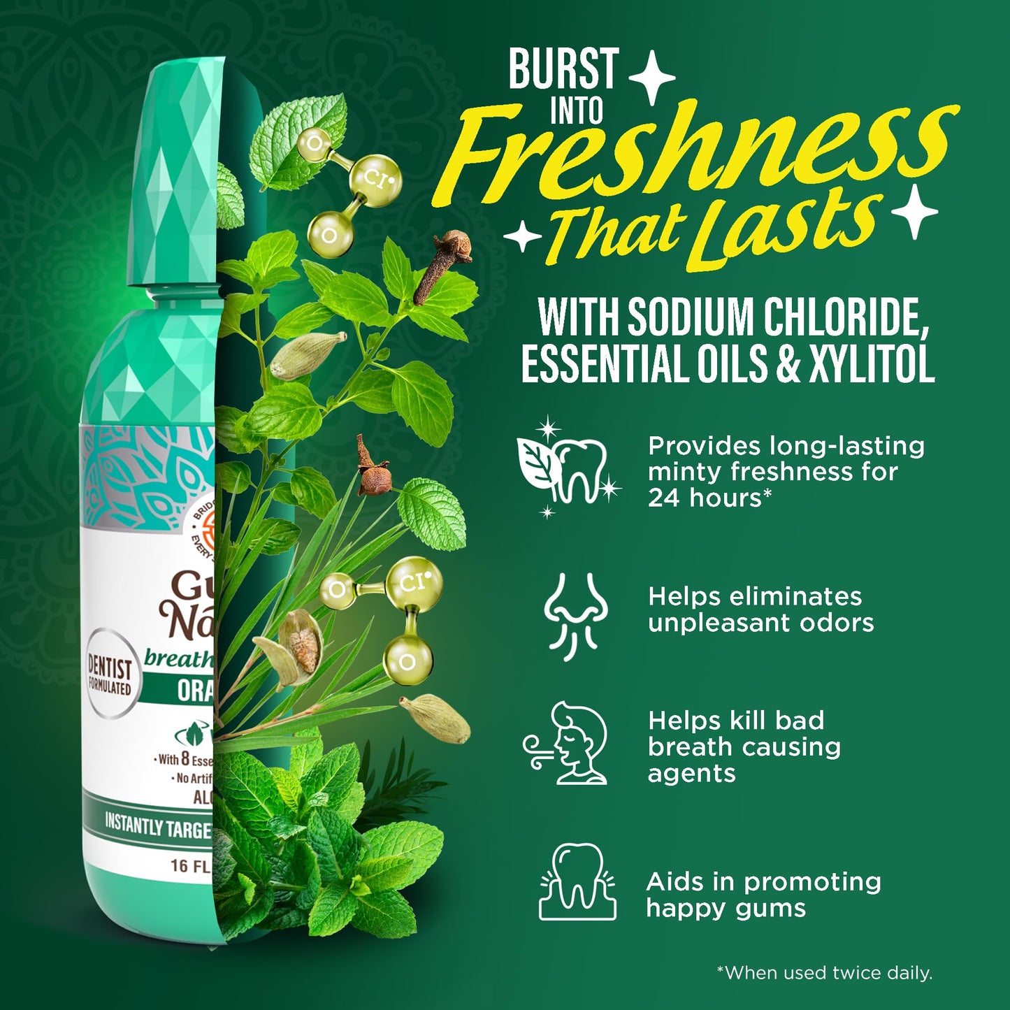GuruNanda Fresh Breath Mouthwash - ADA-Approved, Alcohol & Fluoride-Free, Wild Mint 32 oz (2-Pack)