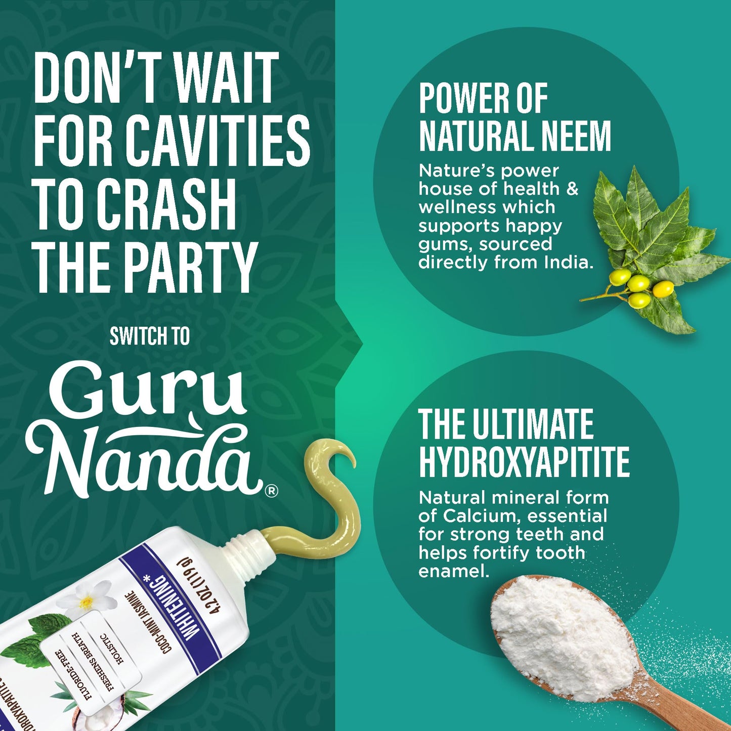 GuruNanda Hydroxyapatite Toothpaste - Fluoride & SLS Free (4.2oz) with Neem & Jasmine