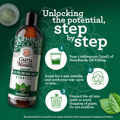 GuruNanda Starter Pulling Oil Mouthwash – Natural Teeth Whitening, Alcohol-Free, 2x8 oz with Tongue Scraper