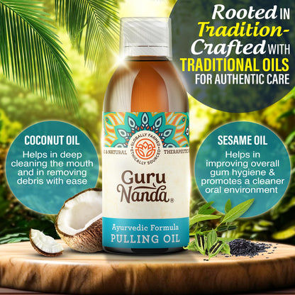 GuruNanda Original Oil Pulling Mouthwash – Coconut & Sesame, Tongue Scraper, Alcohol-Free, 8.45 fl oz