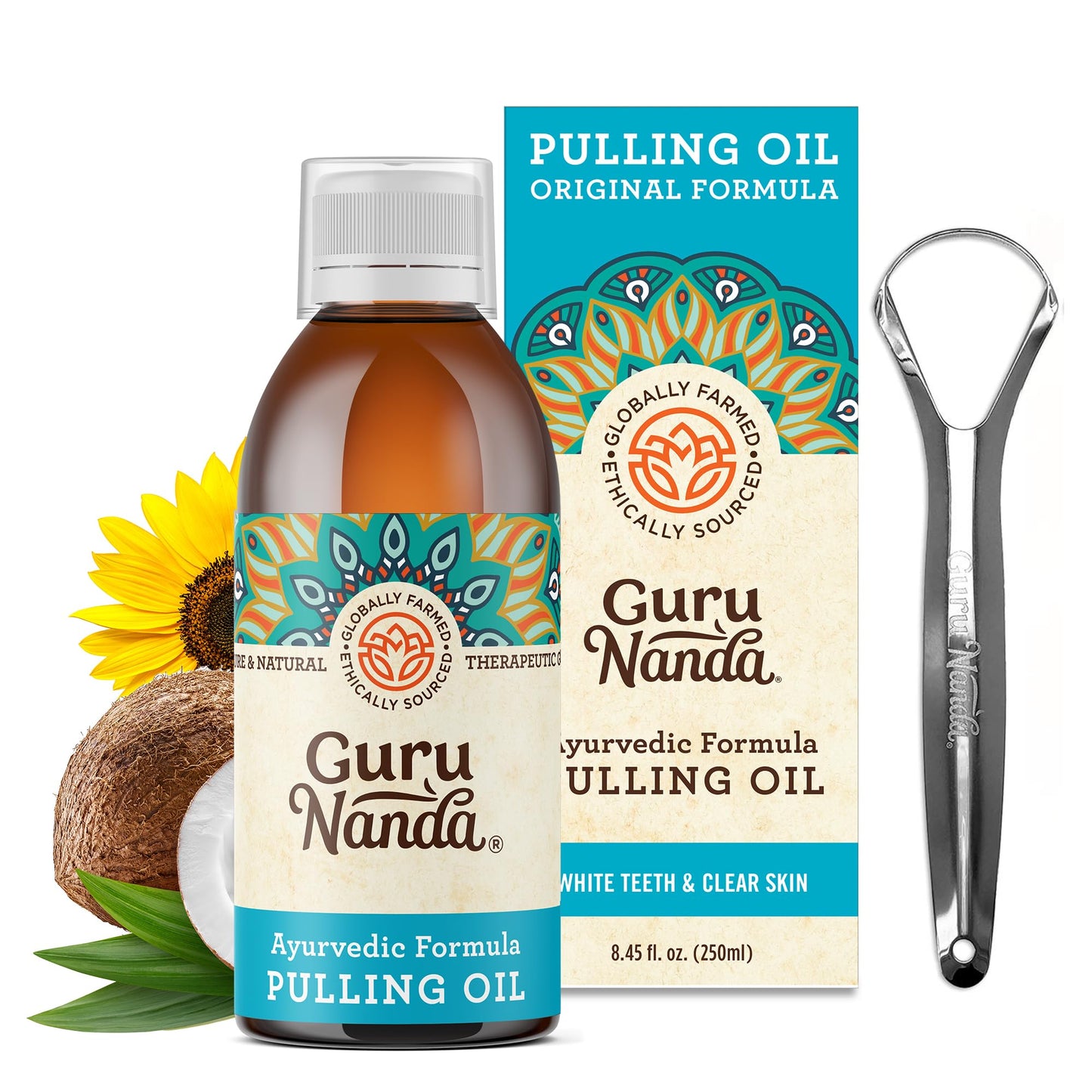 GuruNanda Original Oil Pulling Mouthwash – Coconut & Sesame, Tongue Scraper, Alcohol-Free, 8.45 fl oz