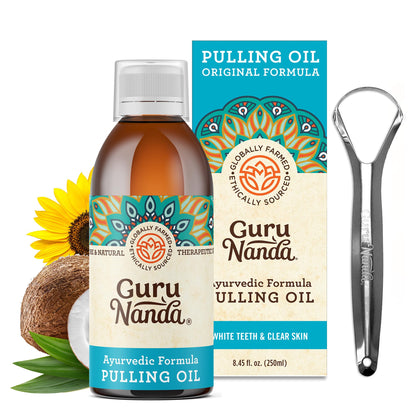 GuruNanda Original Oil Pulling Mouthwash – Coconut & Sesame, Tongue Scraper, Alcohol-Free, 8.45 fl oz
