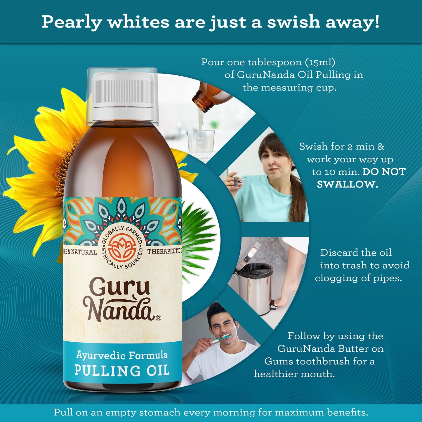 GuruNanda Original Oil Pulling Mouthwash 3-Pack – Coconut & Sesame Oils, Alcohol-Free