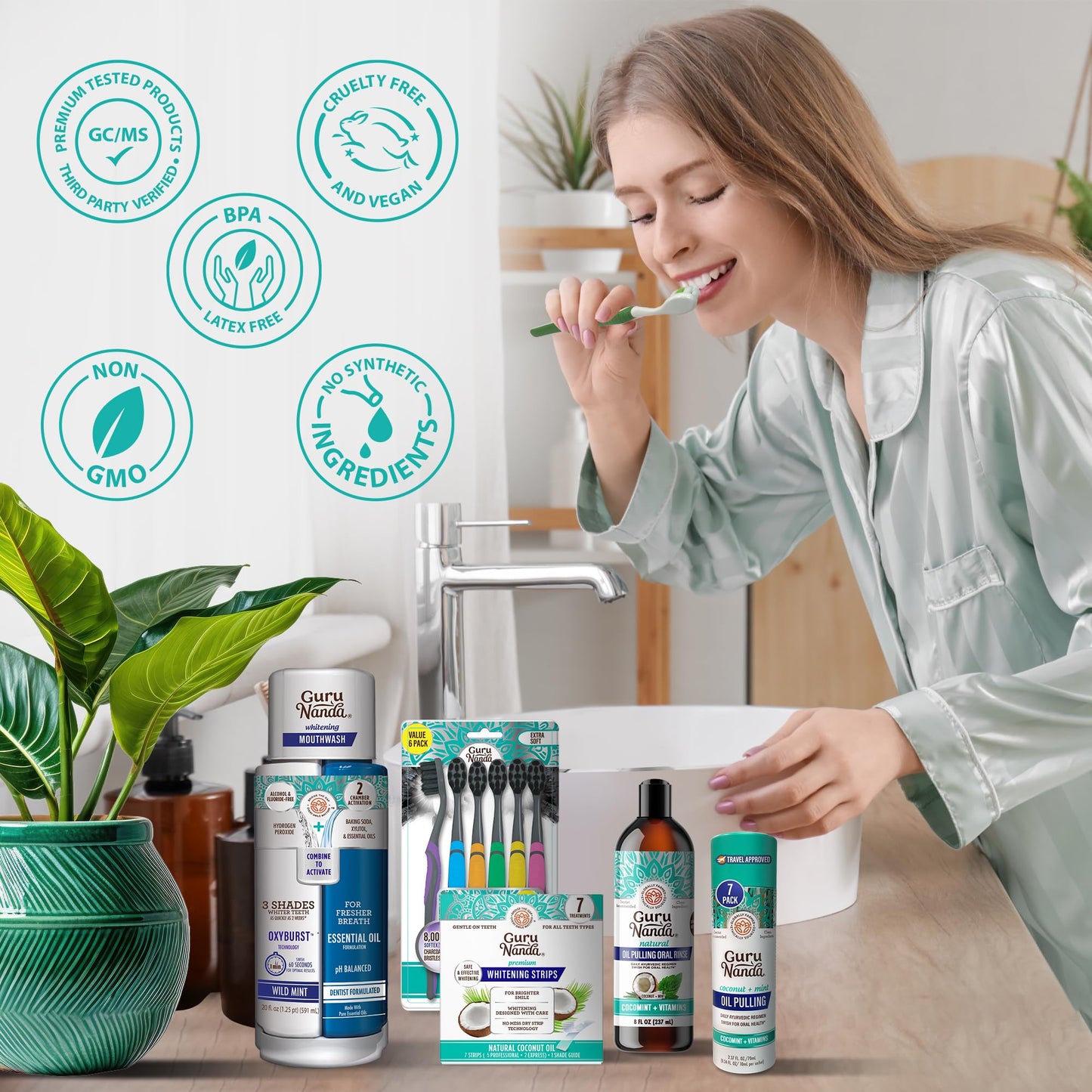 GuruNanda Total Smile Makeover Kit – Charcoal, Cocomint Oil Pulling, Whitening Mouthwash, Strips & Charcoal Toothbrushes