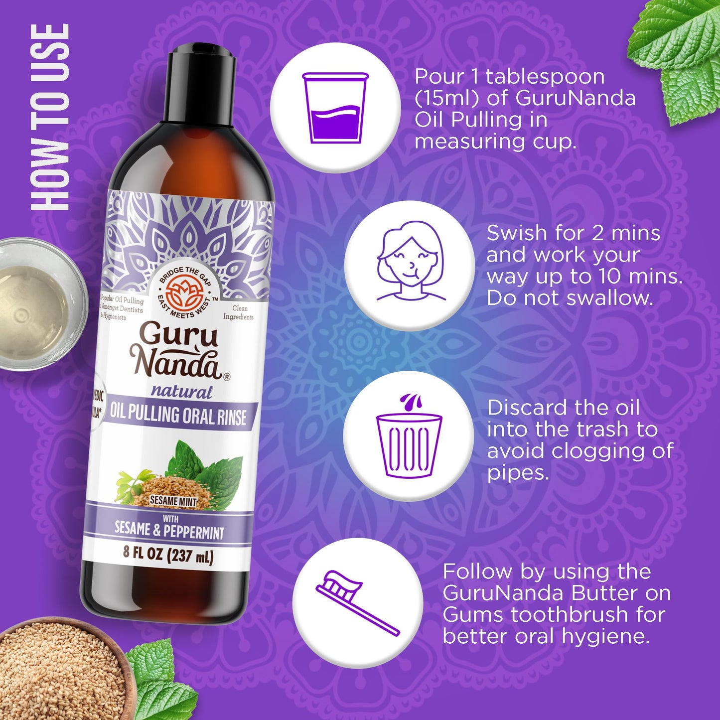 GuruNanda Sesame Mint Oil Pulling Mouthwash - Natural Oral Care, Alcohol-Free, 8 oz