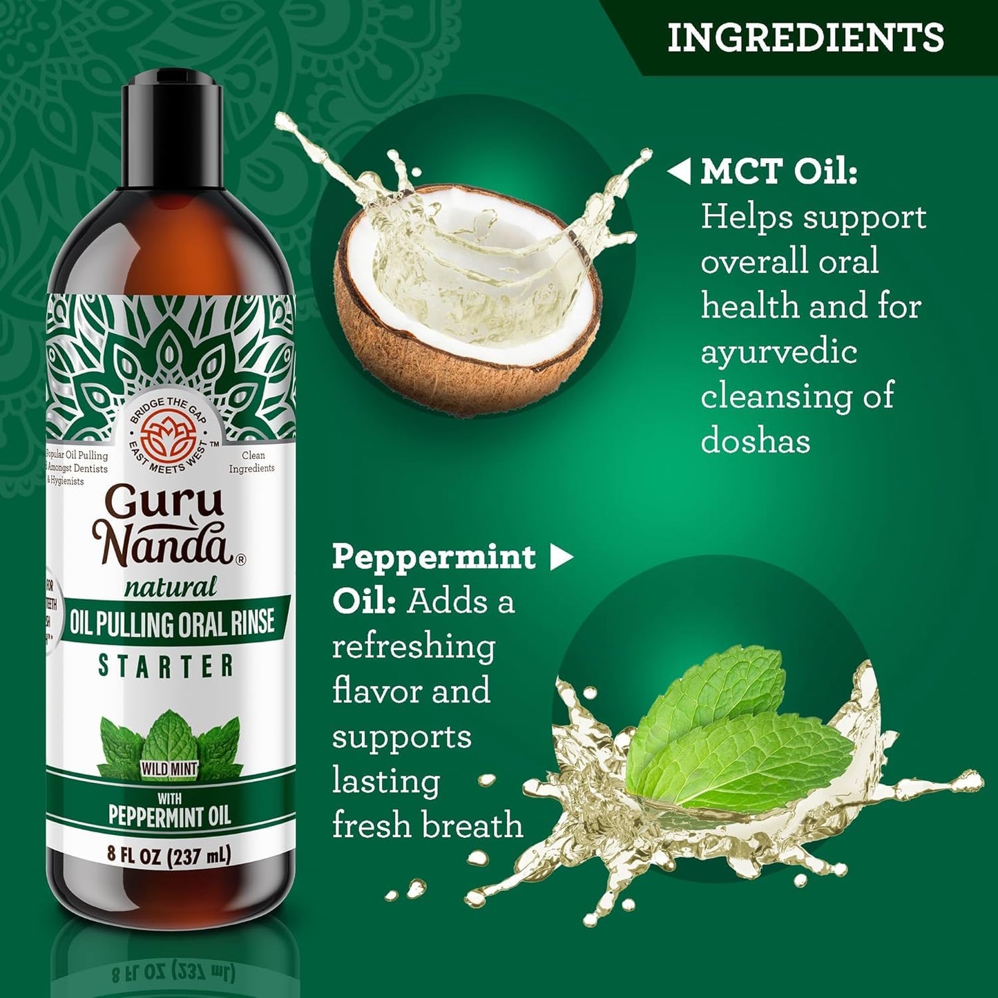 GuruNanda Starter Pulling Oil Mouthwash – Natural Teeth Whitening, Coconut & Peppermint, Alcohol-Free, 8 oz