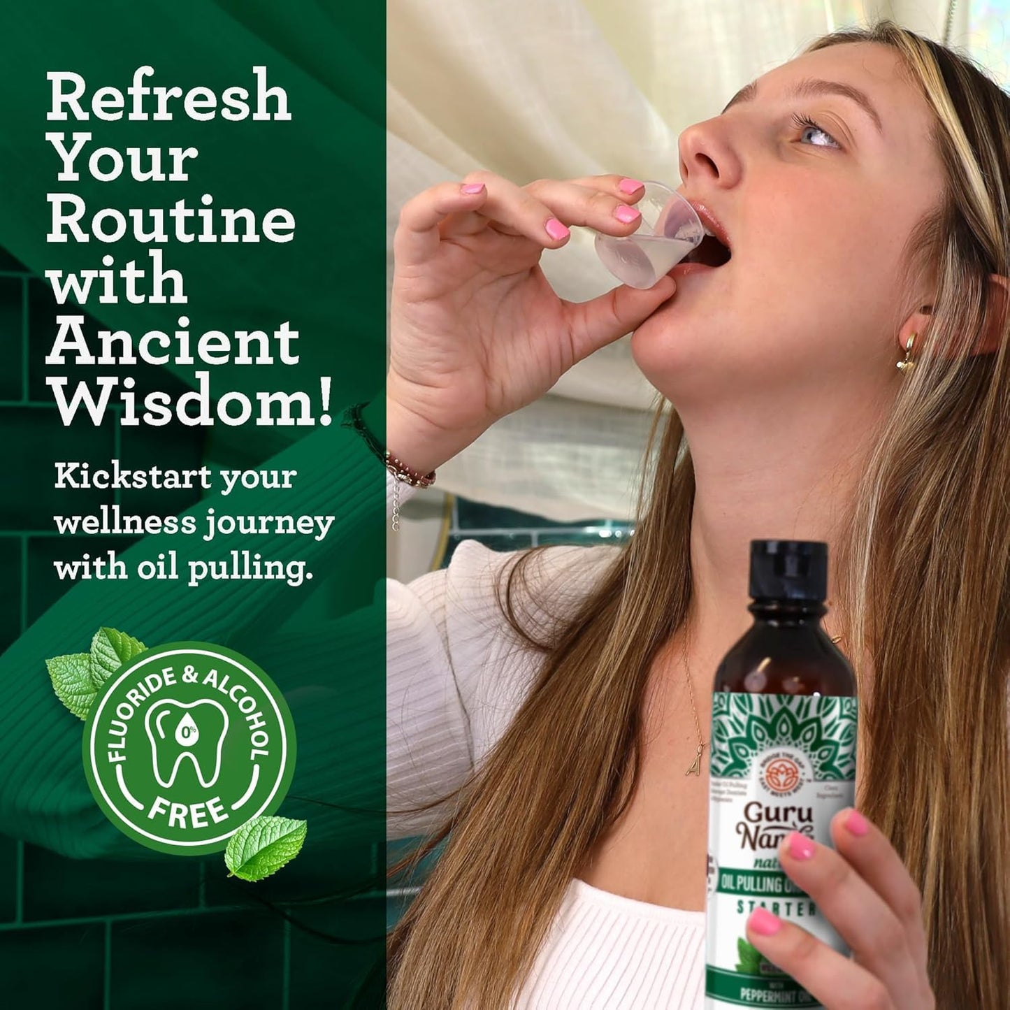 GuruNanda Starter Pulling Oil Mouthwash – Natural Teeth Whitening, Coconut & Peppermint, Alcohol-Free, 8 oz