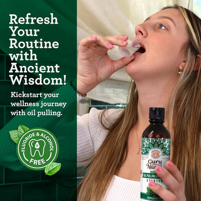 GuruNanda Starter Pulling Oil Mouthwash – Natural Teeth Whitening, Coconut & Peppermint, Alcohol-Free, 8 oz