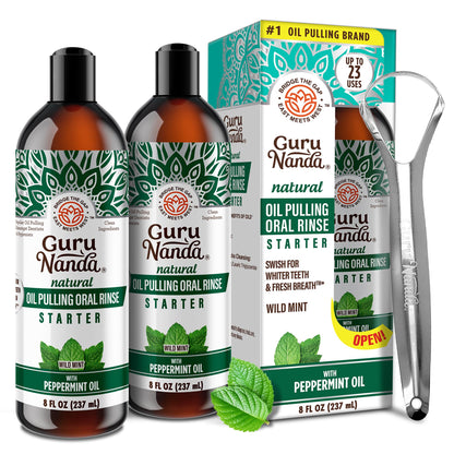 GuruNanda Starter Pulling Oil Mouthwash – Natural Teeth Whitening, Alcohol-Free, 2x8 oz with Tongue Scraper