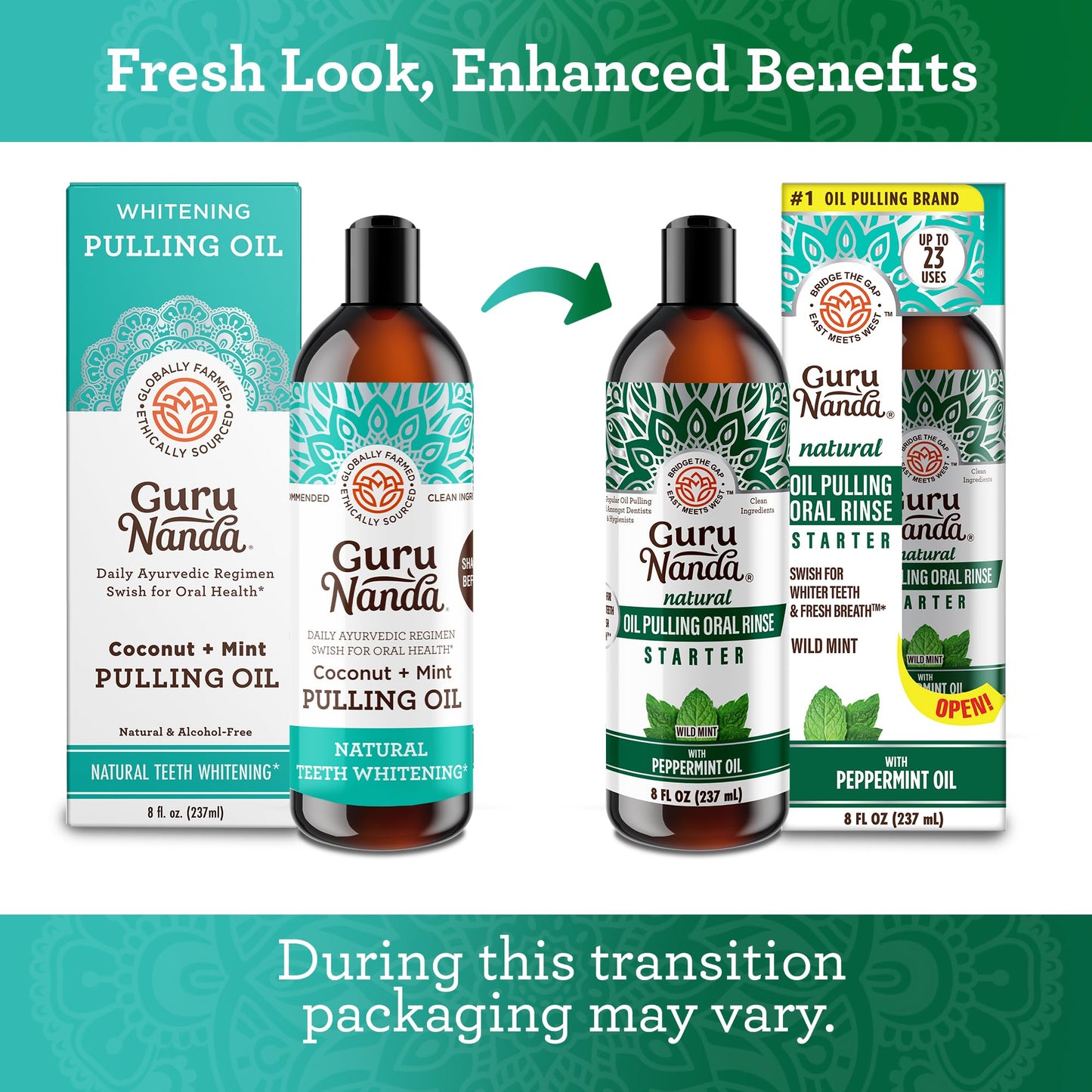 GuruNanda Starter Pulling Oil Mouthwash – Natural Teeth Whitening, Alcohol-Free, 2x8 oz with Tongue Scraper