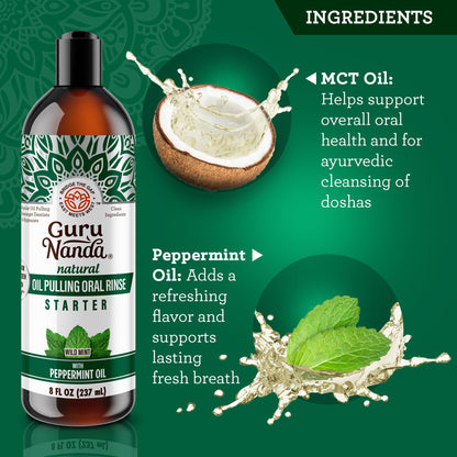 GuruNanda Starter Pulling Oil Mouthwash – Coconut & Peppermint, Alcohol-Free, 8 oz with Toothbrush & Tongue Scraper
