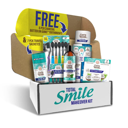 GuruNanda Total Smile Makeover Kit – Charcoal, Cocomint Oil Pulling, Whitening Mouthwash, Strips & Charcoal Toothbrushes