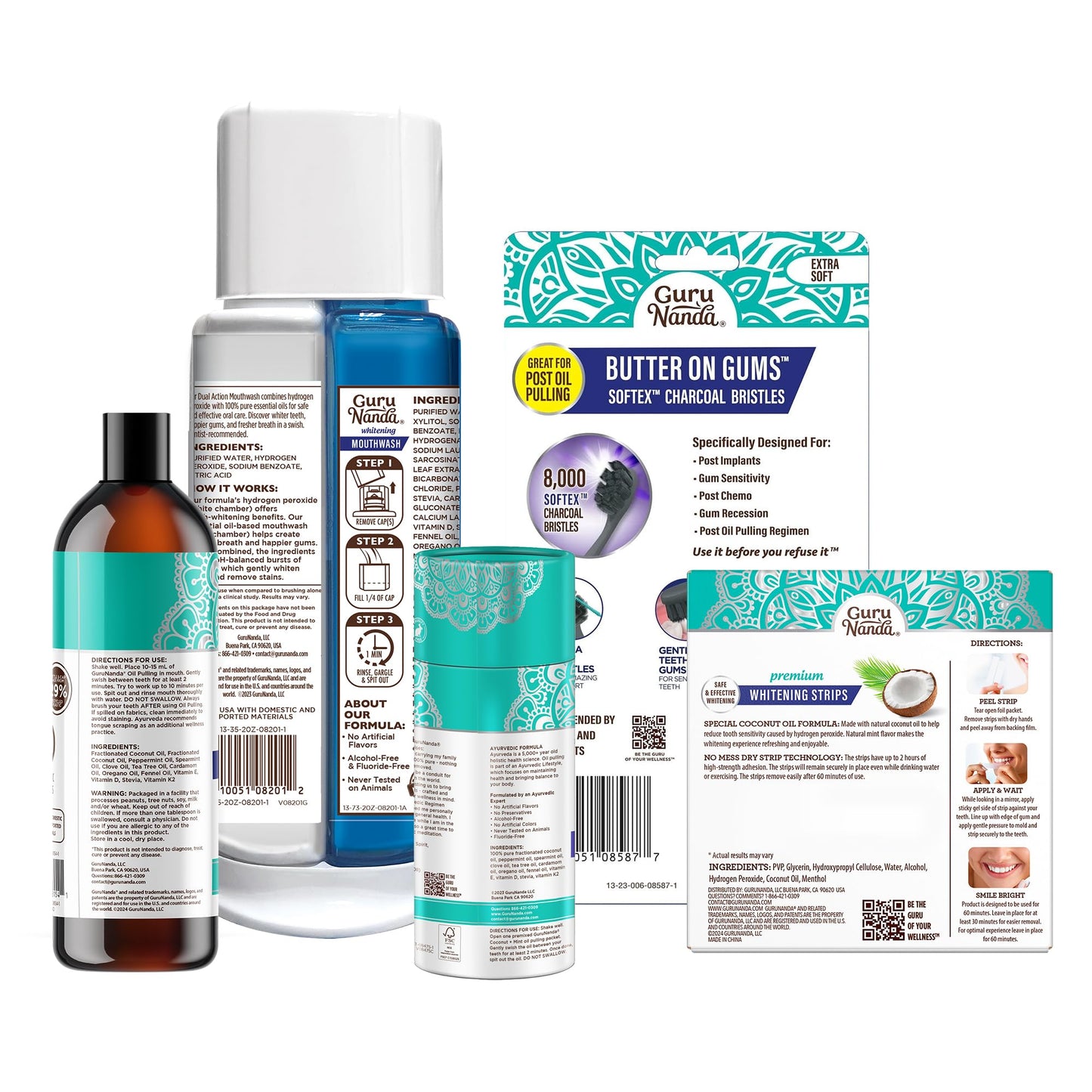 GuruNanda Total Smile Makeover Kit – Charcoal, Cocomint Oil Pulling, Whitening Mouthwash, Strips & Charcoal Toothbrushes