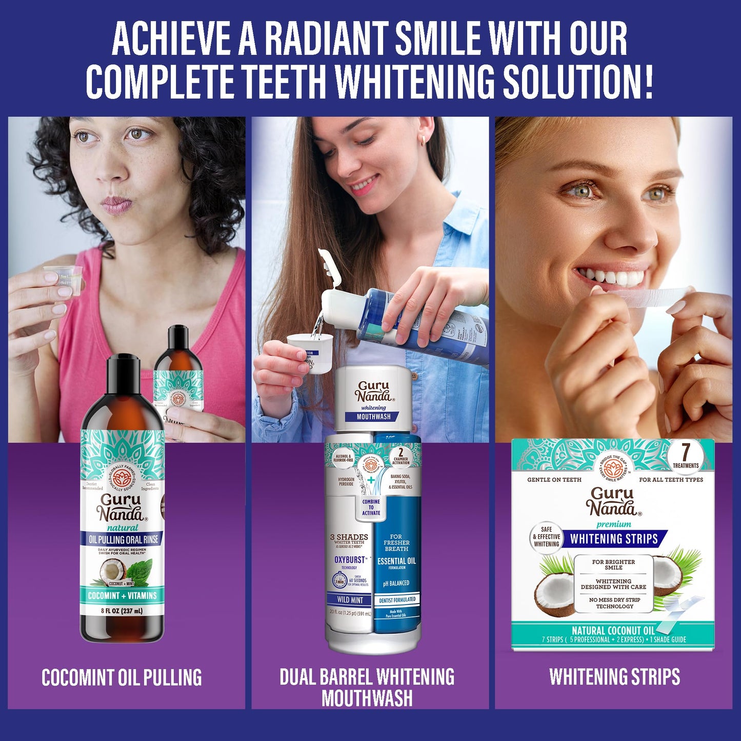 GuruNanda Total Smile Makeover Kit – Charcoal, Cocomint Oil Pulling, Whitening Mouthwash, Strips & Charcoal Toothbrushes