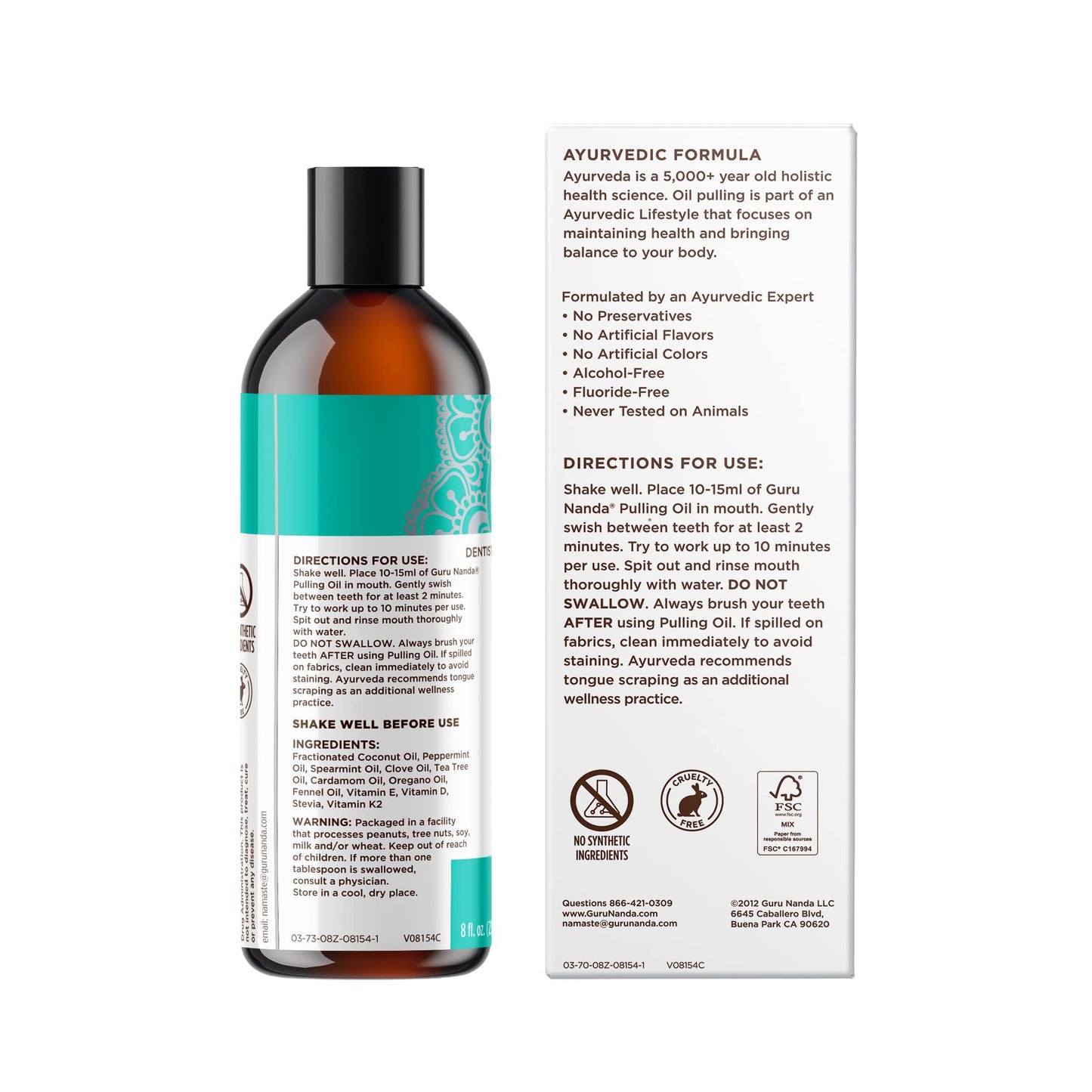 GuruNanda CocoMint Oil Pulling Mouthwash – 3×8 oz, Alcohol-Free, 2 Toothbrushes & 2 Tongue Scrapers