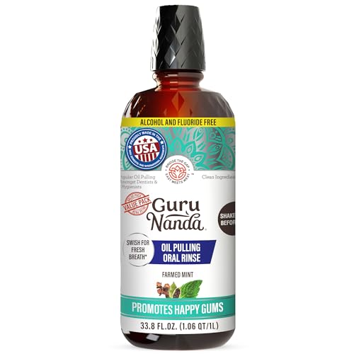 GuruNanda CocoMint Oil Pulling Mouthwash – Complete Oral Hygiene, 7 Essential Oils & Vitamins, Alcohol-Free, 1L (33.8 oz)