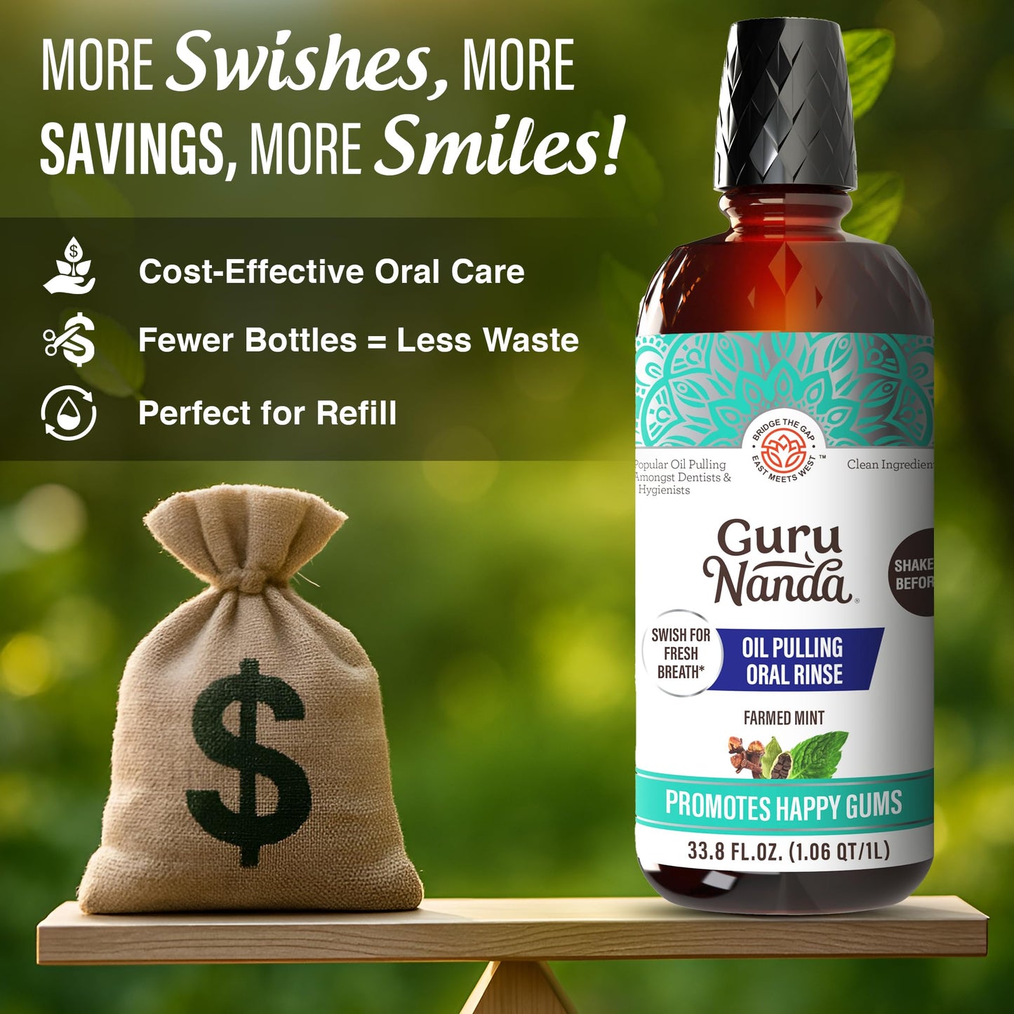 GuruNanda CocoMint Oil Pulling Mouthwash – Complete Oral Hygiene, 7 Essential Oils & Vitamins, Alcohol-Free, 1L (33.8 oz)