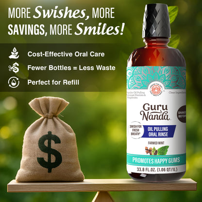 GuruNanda CocoMint Oil Pulling Mouthwash – Complete Oral Hygiene, 7 Essential Oils & Vitamins, Alcohol-Free, 1L (33.8 oz)