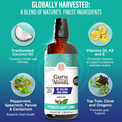 GuruNanda CocoMint Oil Pulling Mouthwash – Complete Oral Hygiene, 7 Essential Oils & Vitamins, Alcohol-Free, 1L (33.8 oz)