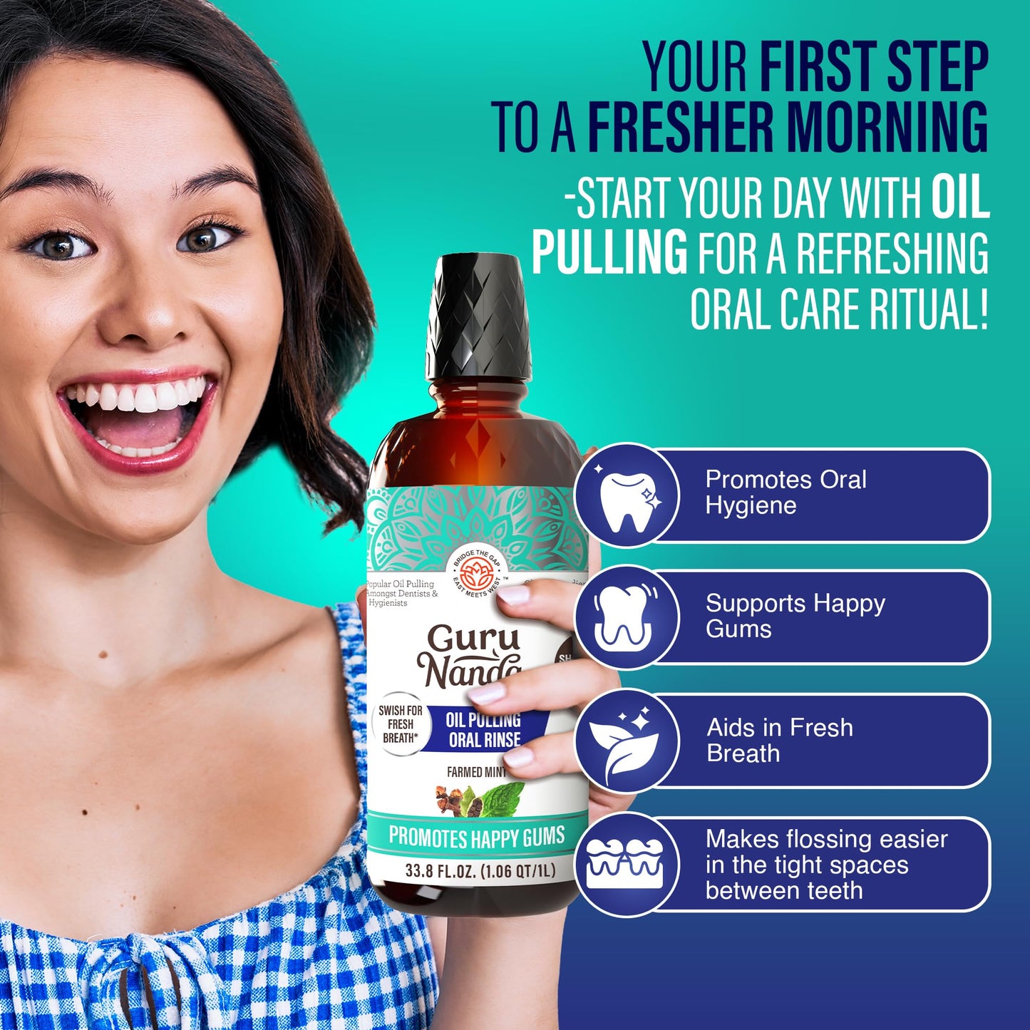 GuruNanda CocoMint Oil Pulling Mouthwash – Complete Oral Hygiene, 7 Essential Oils & Vitamins, Alcohol-Free, 1L (33.8 oz)
