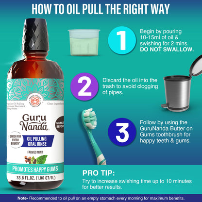 GuruNanda CocoMint Oil Pulling Mouthwash – Complete Oral Hygiene, 7 Essential Oils & Vitamins, Alcohol-Free, 1L (33.8 oz)