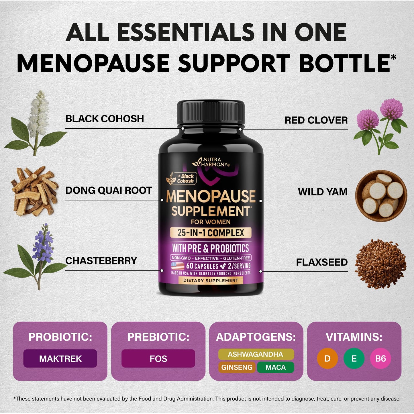 Menopause Supplements 25-in-1: Dong Quai & Black Cohosh | Made in USA