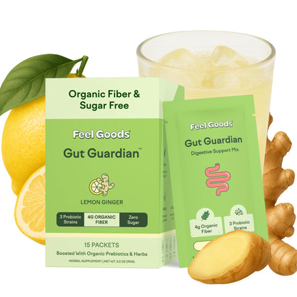 Feel Goods Gut Guardian, Organic Fiber, Probiotic & Prebiotic Powder, Sugar Free, Herbs for Bloat, Gut Health Support, Digestive Health for Men & Women, Non GMO, Vegan, Lemon Ginger, 15 Count