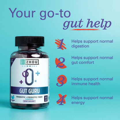 Zhou Gut Guru Gummies - Probiotic & Prebiotic for Digestive Health (60 Vegan Gummies)