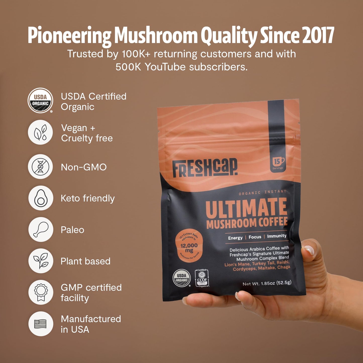FreshCap Mushrooms Coffee 12,000 mg – Organic 6 Adaptogenic Mushrooms