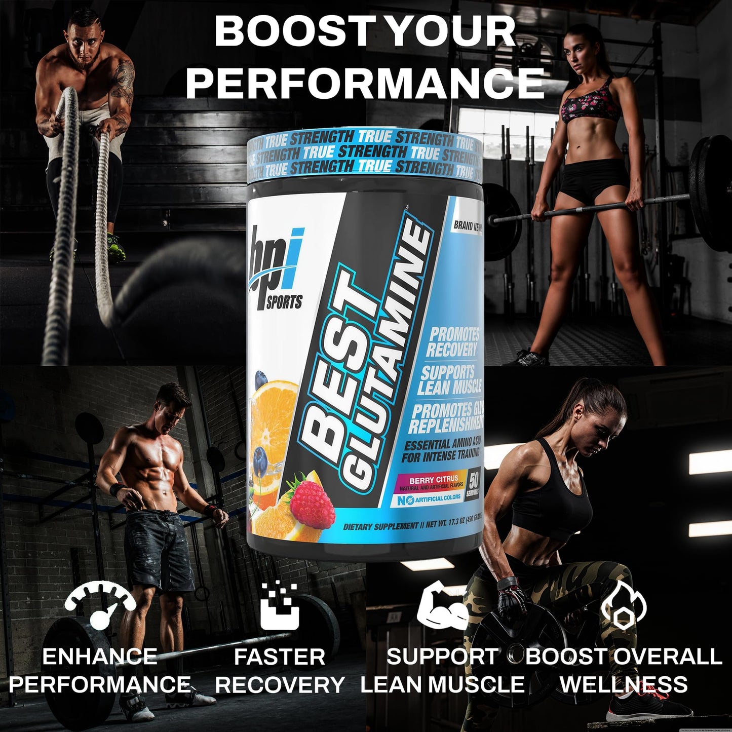 BPI Sports Best Glutamine Supplement - L-Glutamine Powder for Gut Health, Muscle Recovery & Immune Support | 50 Servings Berry Citrus