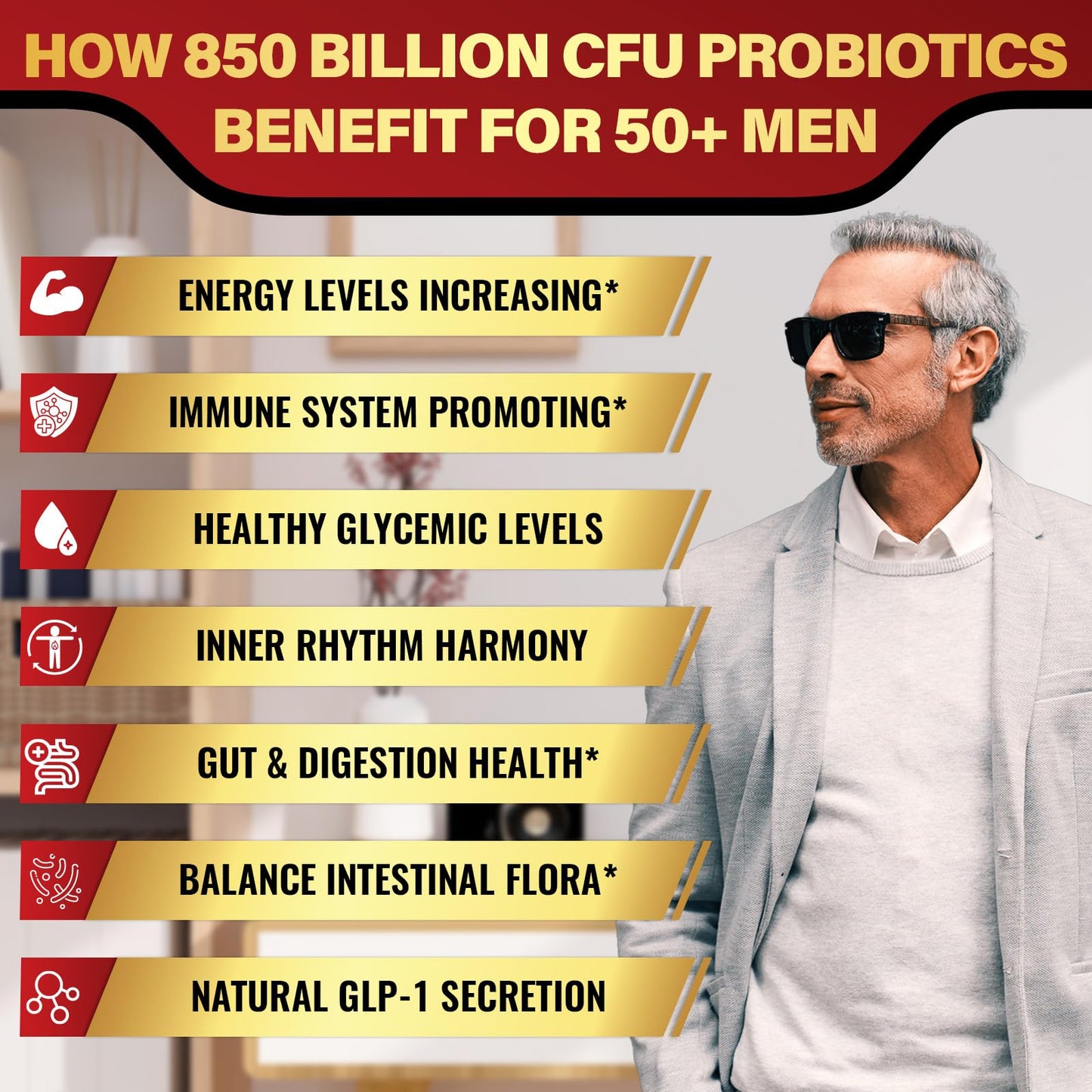 Probiotics for Men 50+ – 850B CFU & 1900mg Prebiotic | Gut Health