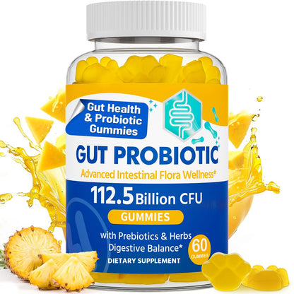 Gut Health Probiotic Gummies – 112.5B CFU, Sugar Free, 8 Strains + Prebiotics & Herbs – 60 Gummies