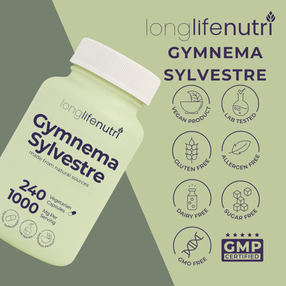LongLifeNutri Gymnema Sylvestre 1000mg Organic 20:1 Extract - 240 Veg Capsules - Made in USA