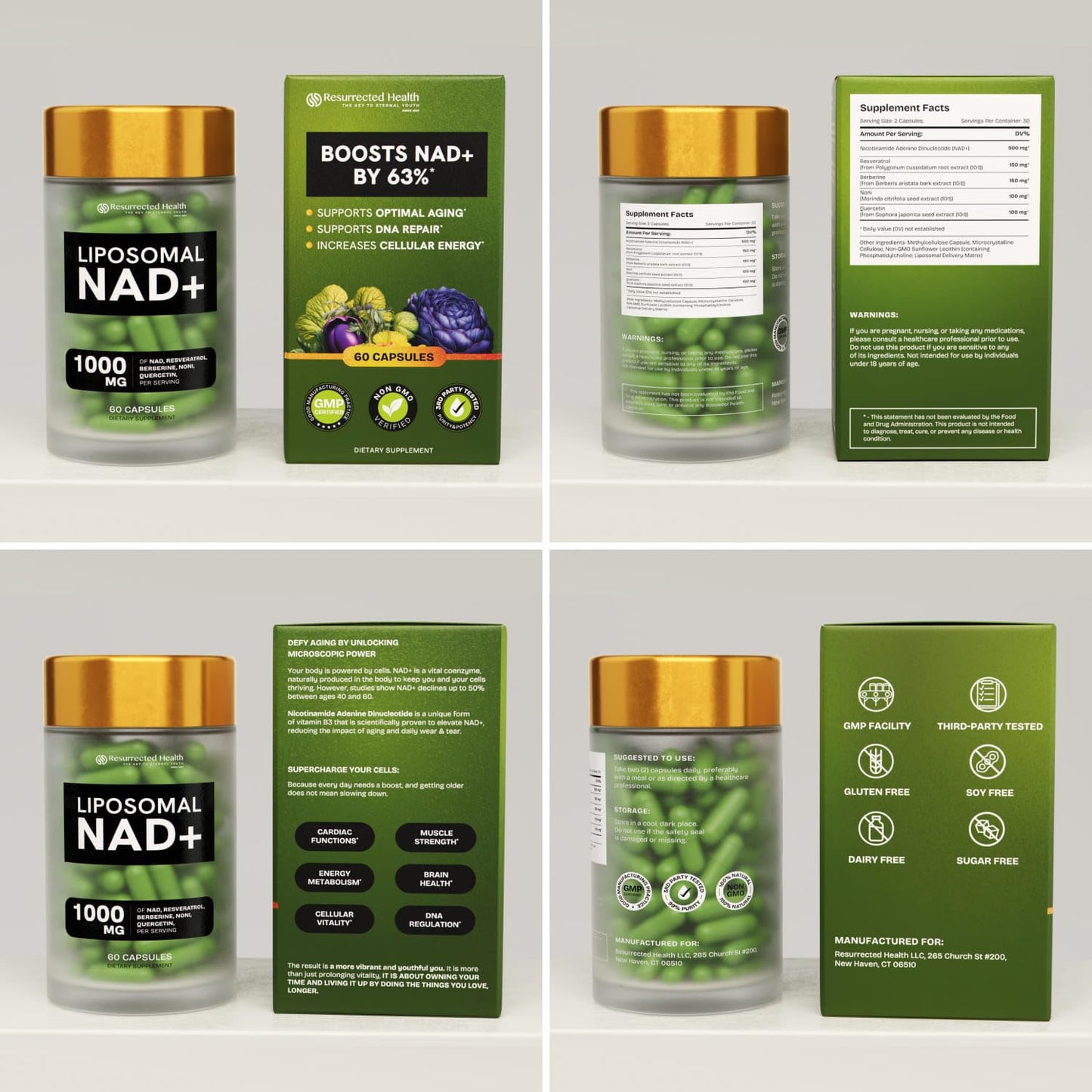 Resurrected Health Liposomal NAD Supplements for Women Resveratrol NAD + Supplement w/Berberine, Quercetin, Noni | Boosts NAD Anti-Aging, Bravfin Support, Gut Heath - 60 Capsules