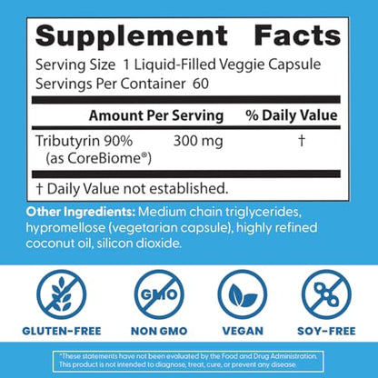 Doctor's Best High Absorption Postbiotic Butyrate with Corebiome – Gut & Immune Health | Non-GMO, Gluten Free, Soy Free, Vegan | 30 Veggie Caps