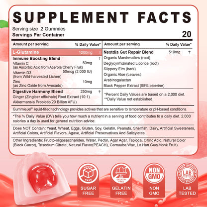 L-Glutamine 1200mg Gut & Immune Support Gummies – Sugar-Free, Vegan, 60 Count