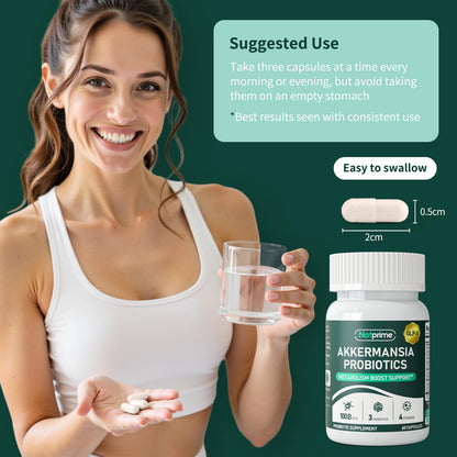 Natprime Akkermansia Probiotic GLP-1 Supplement – 100B CFU Akkermansia Muciniphila, Prebiotic Fiber, Metabolism & Gut Health | 60 Capsules