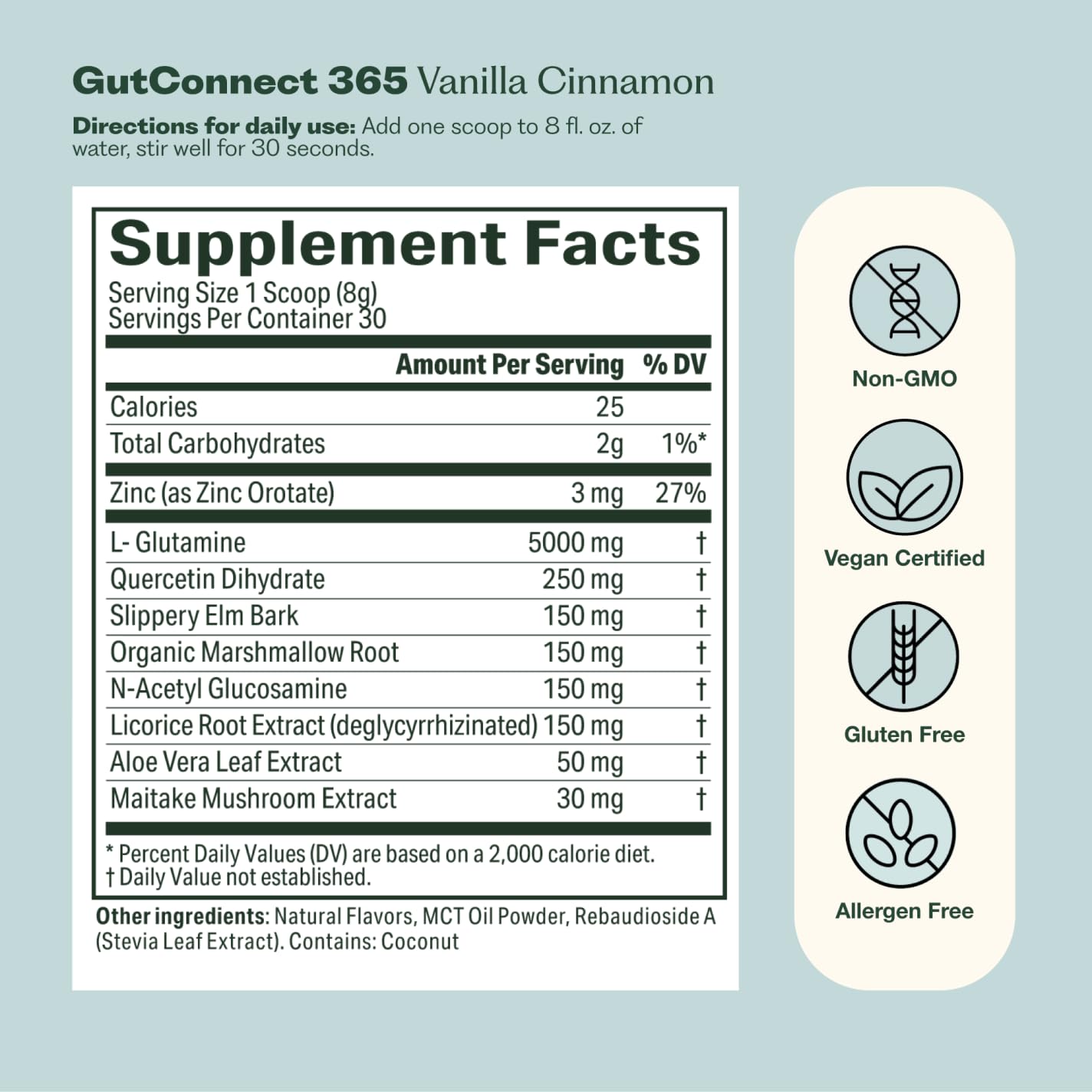 GutConnect 365 Gut Health Powder – Slippery Elm & L-Glutamine, Vanilla Cinnamon