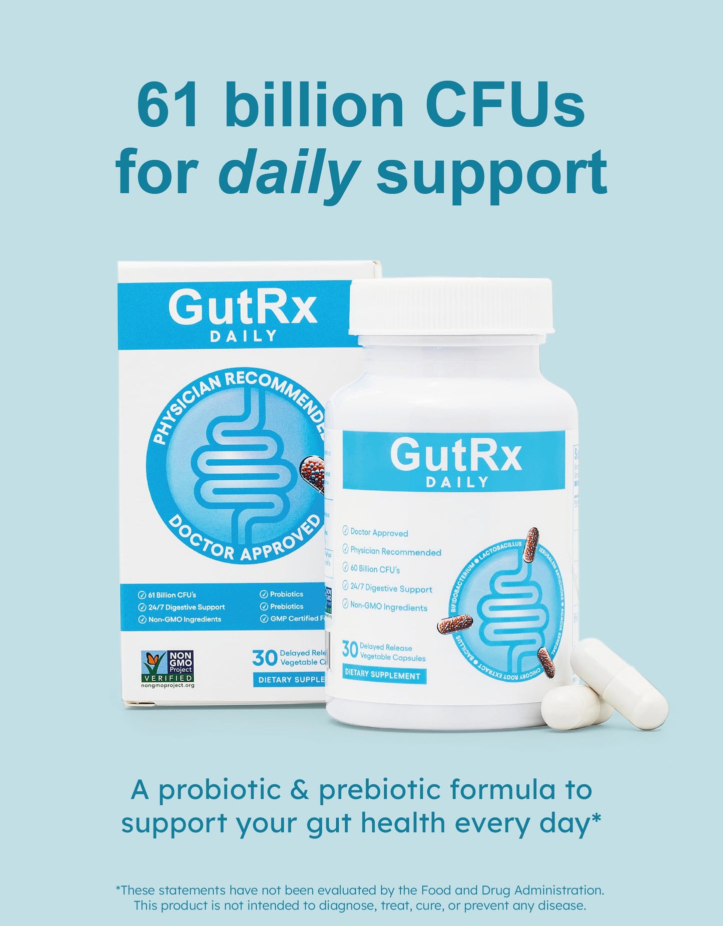 GutRx Daily Probiotics for Women & Men – 61 Billion CFU, Enteric Coated, Gluten Free