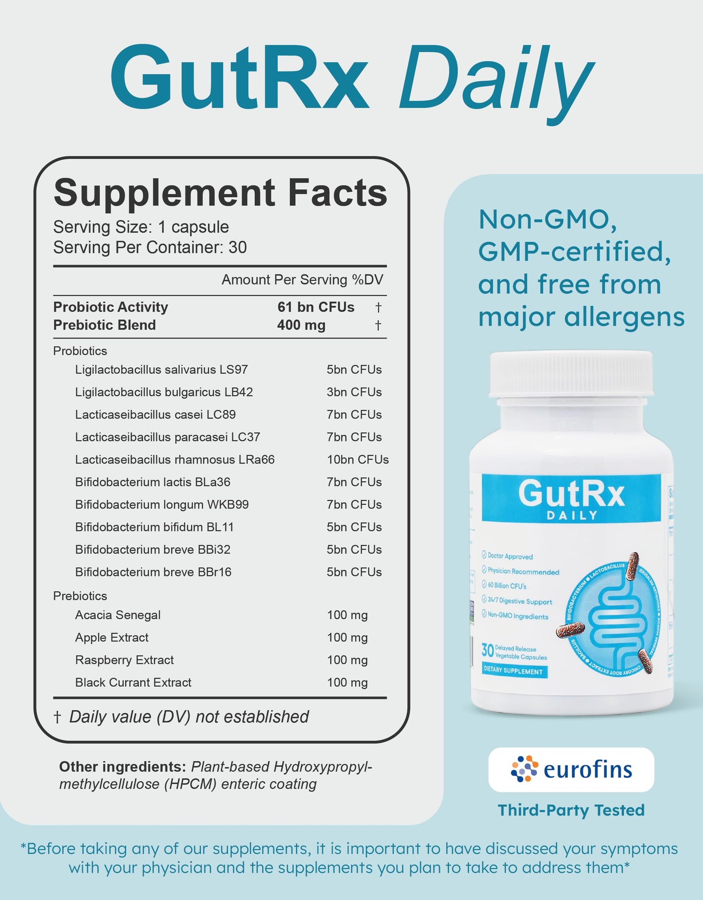 GutRx Daily Probiotics for Women & Men – 61 Billion CFU, Enteric Coated, Gluten Free