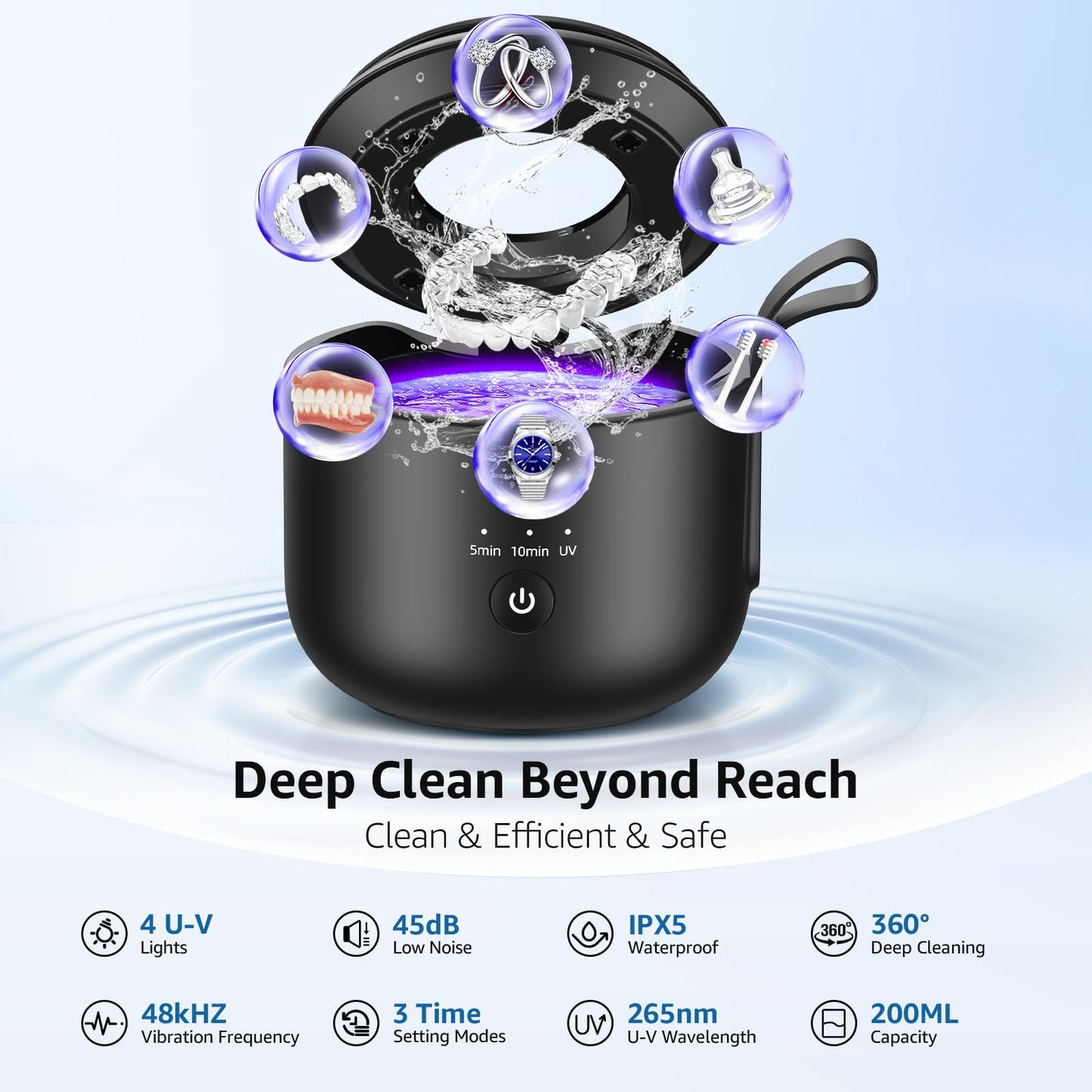 Guyyr Ultrasonic Retainer Cleaner Machine – 48kHz Cordless Waterproof Dental & Jewelry Cleaner