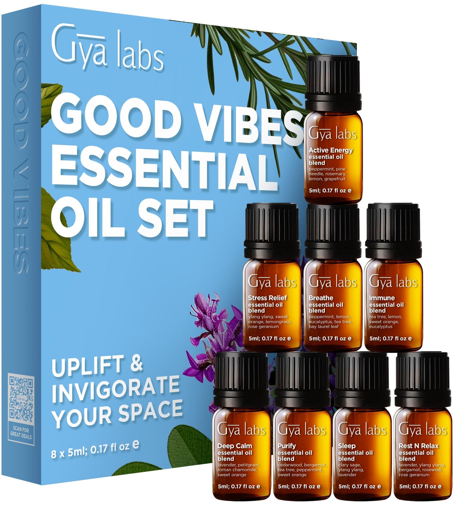 Gya Labs Good Vibes Essential Oil Set (0.17 Fl Oz×8) – Diffuser, Aromatherapy & DIY Candle Scents