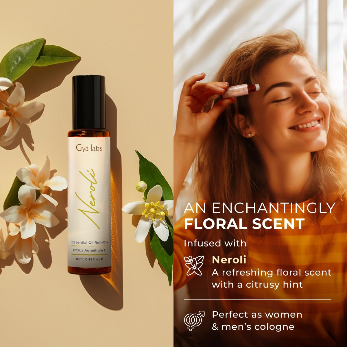 Gya Labs Neroli Roll-On - 0.34 Fl Oz Travel Size for Skin & Aromatherapy