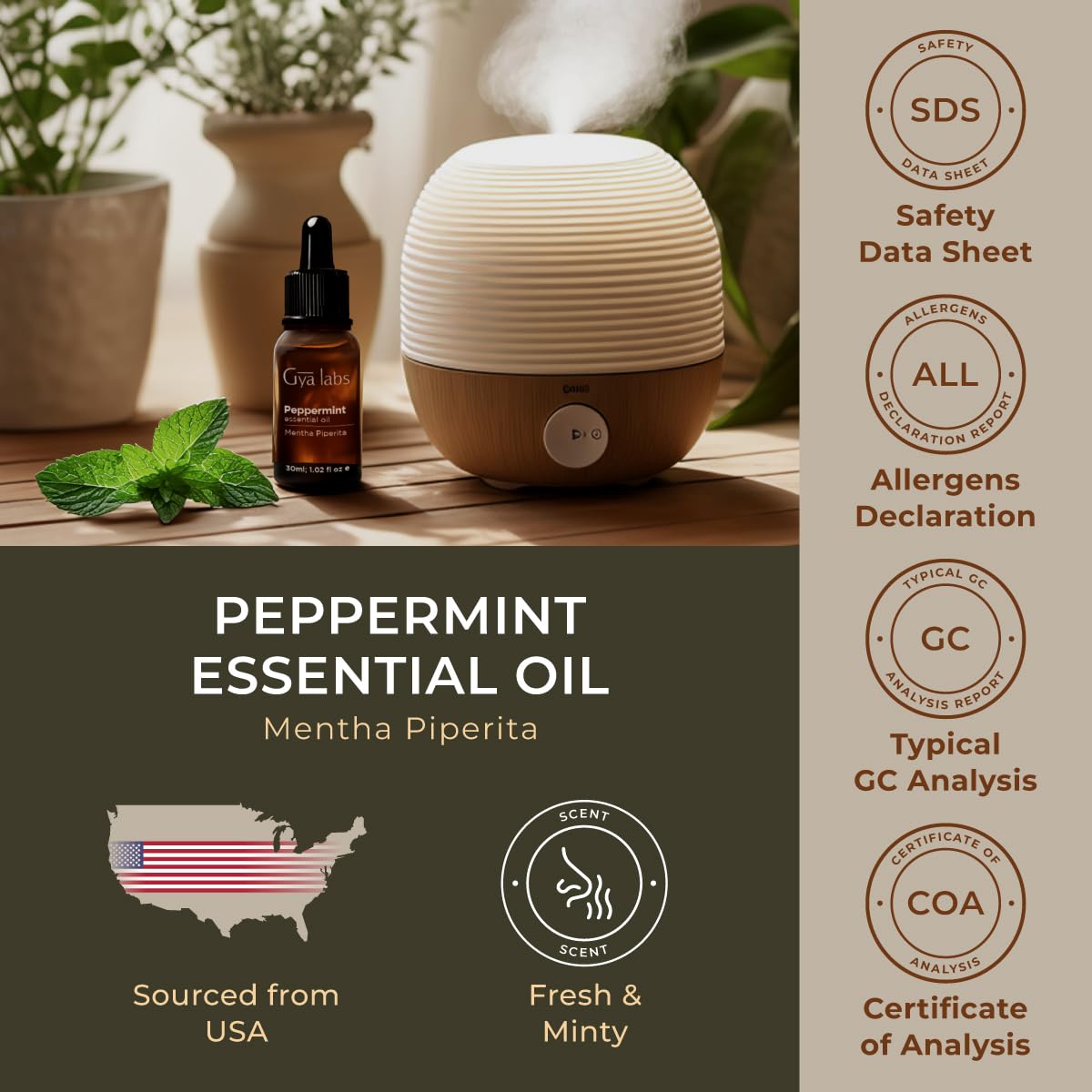 Gya Labs Peppermint Essential Oil 1.02 fl oz – 100% Pure for Hair, Skin, Teeth, Gums, Diffuser & DIY Candles
