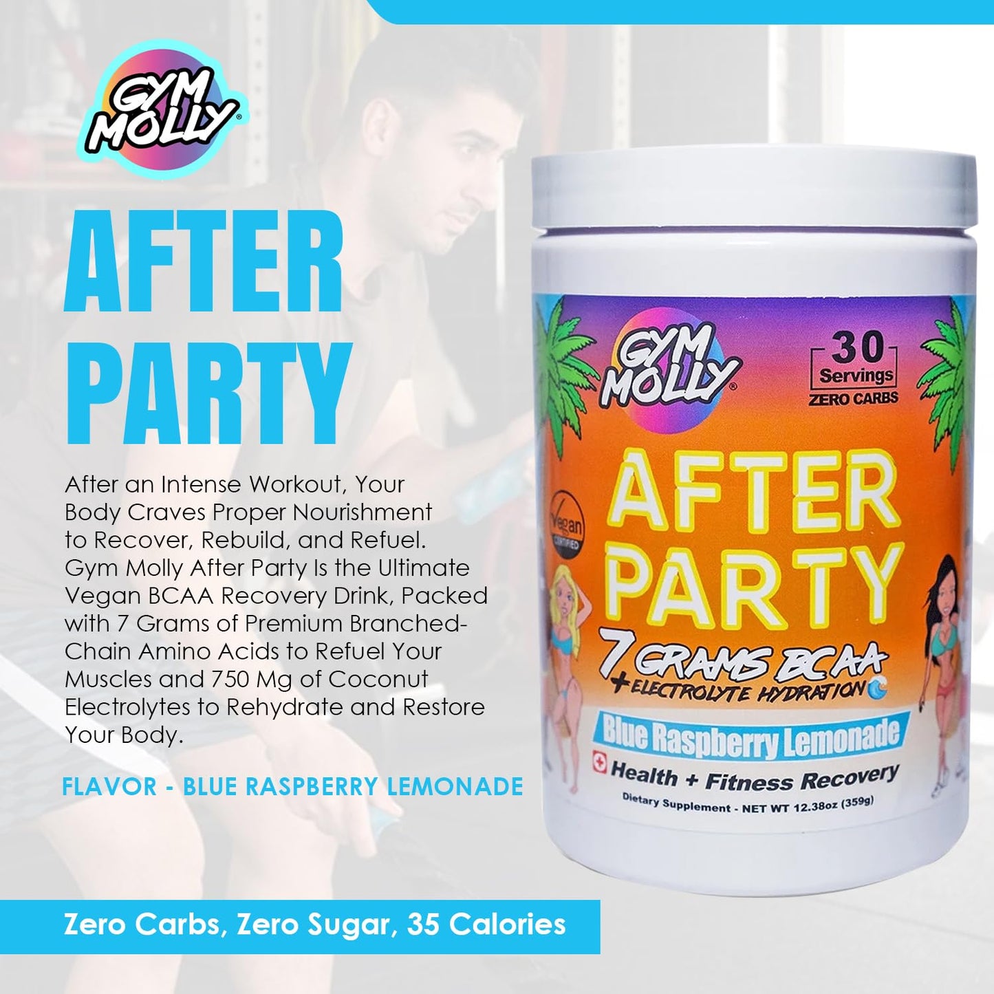 Gym Molly After Party Vegan BCAA Powder – Electrolyte, Zero Carbs, 35 Calories