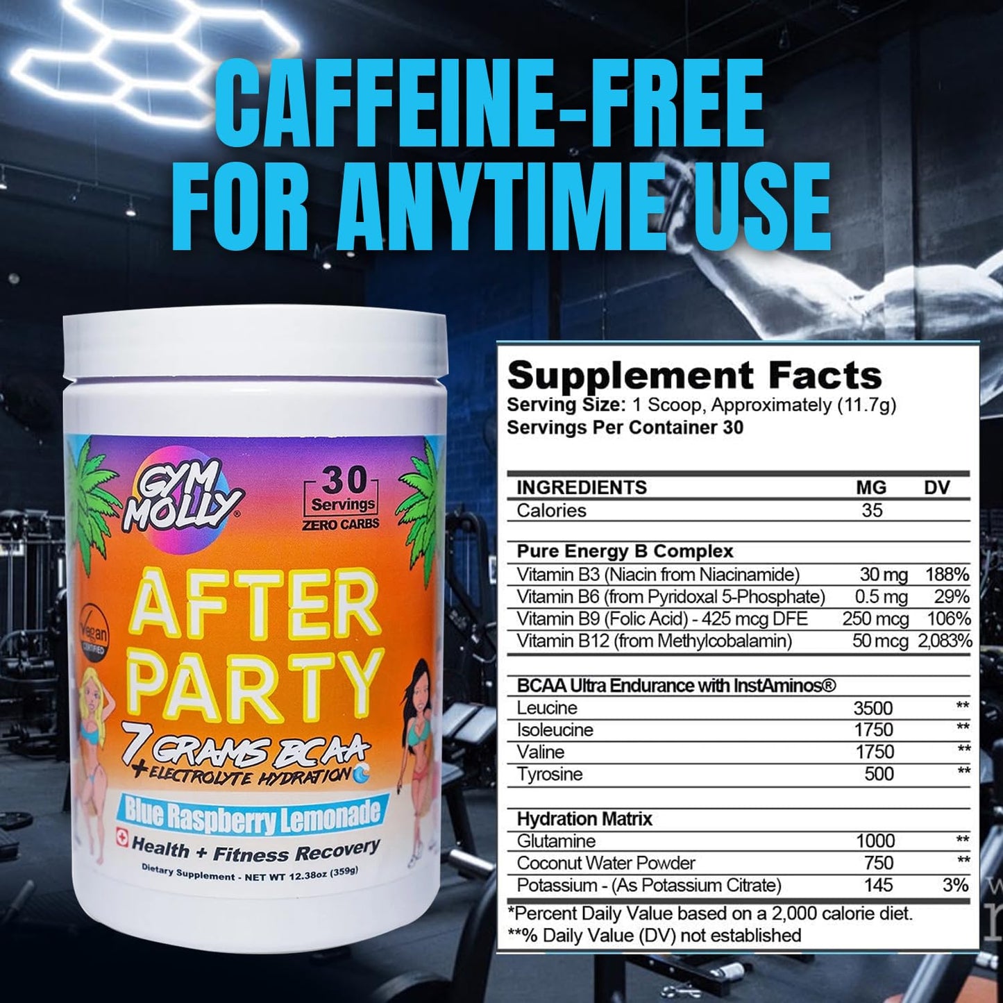 Gym Molly After Party Vegan BCAA Powder – Electrolyte, Zero Carbs, 35 Calories