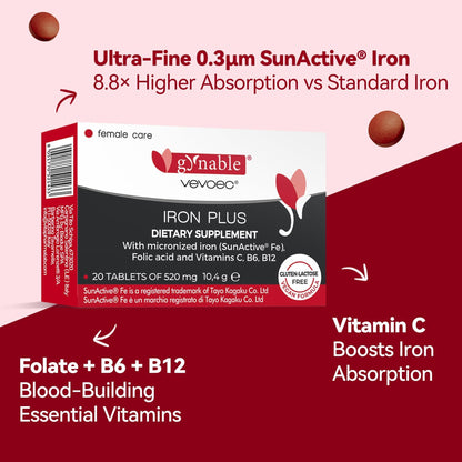 Gentle Iron Plus for Women – 18 mg Slow-Release Iron, Folic Acid, B12, Vitamin C & B6 | 20 Tablets